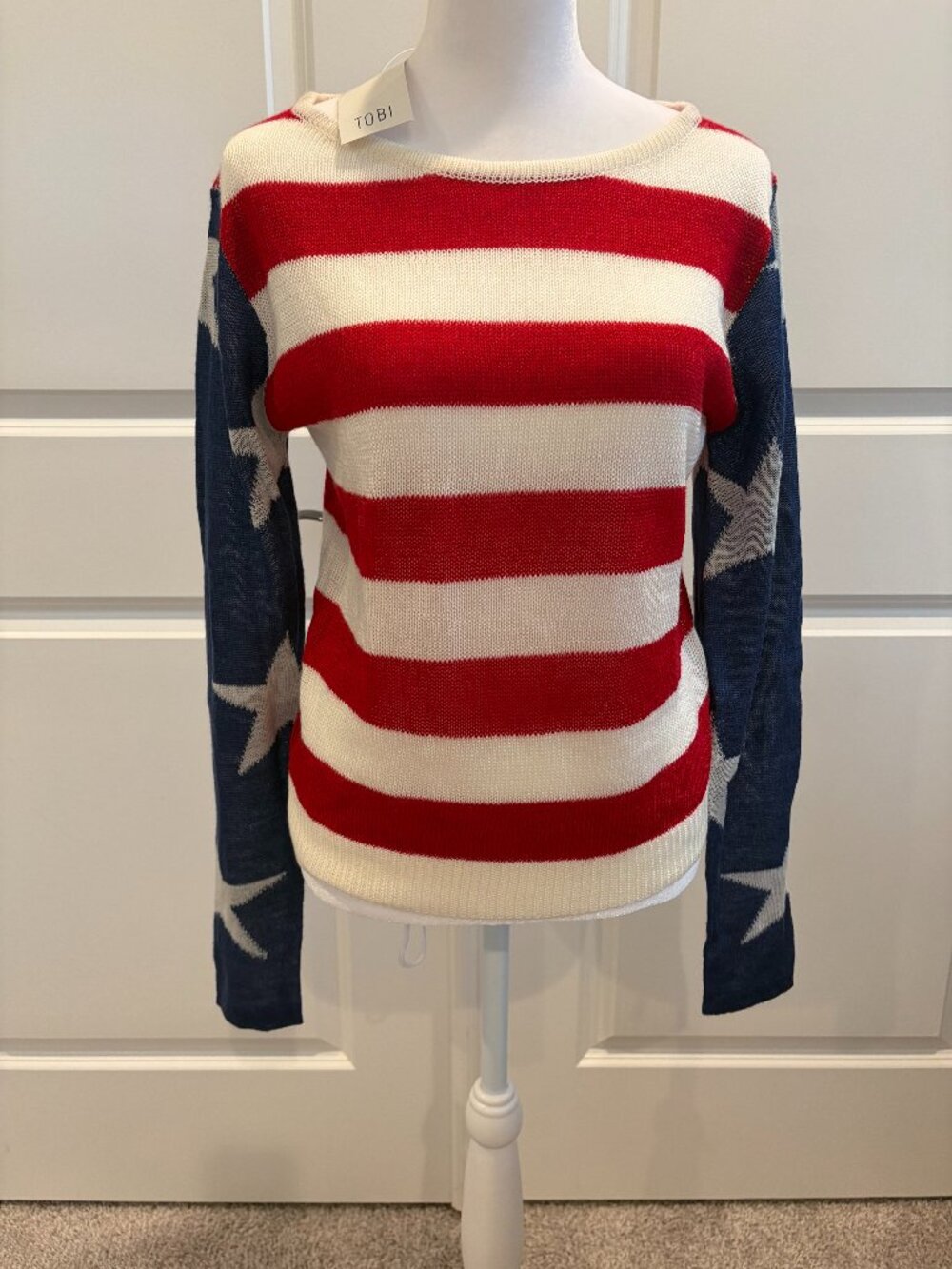 TOBI American Flag Sweater Red White Blue Stars Stripes Knit Size Small NWT
